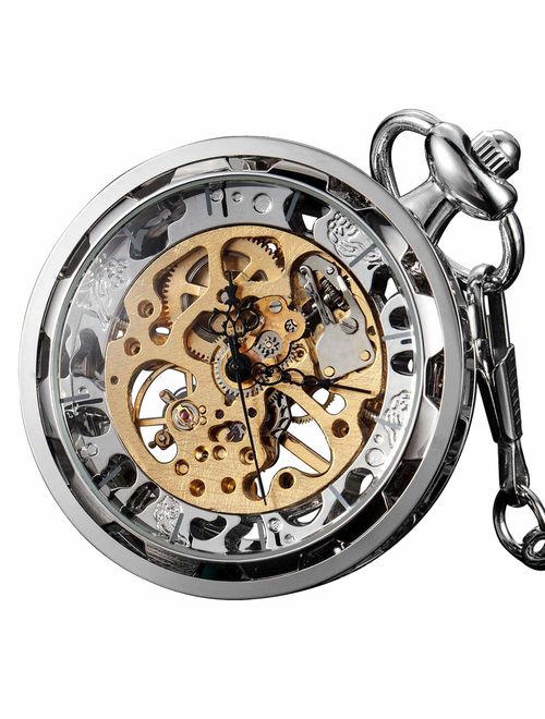 VIGOROSO Mens Classic Steampunk Pocket Watch Gold Skeleton Hand Wind Mechanical Watches in Box