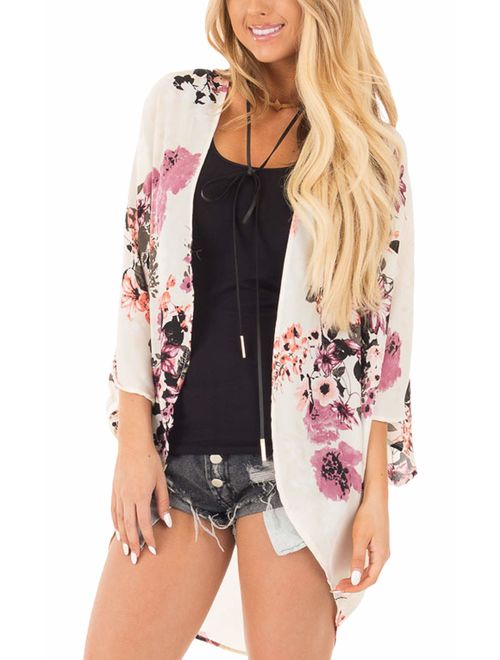 ECOWISH Womens Kimono Cardigan Floral Print Sheer Capes Loose Cardigans Cover Up Blouse Tops