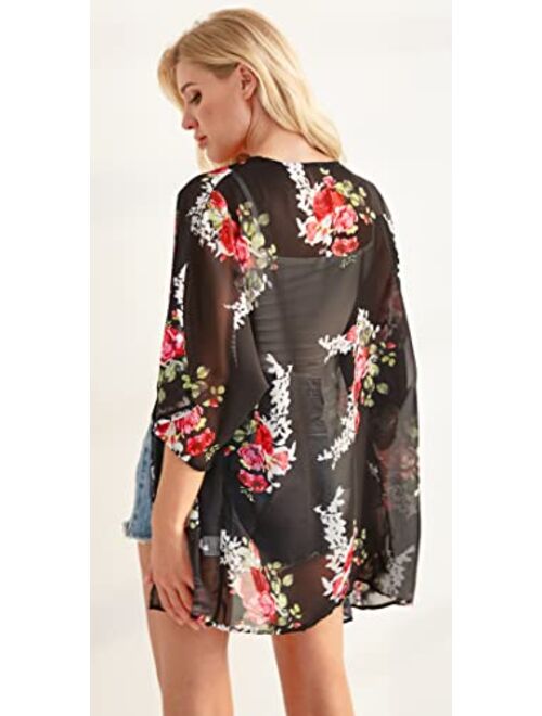 Women's Floral Print Puff Sleeve Kimono Cardigan Loose Cover Up Casual Blouse Tops