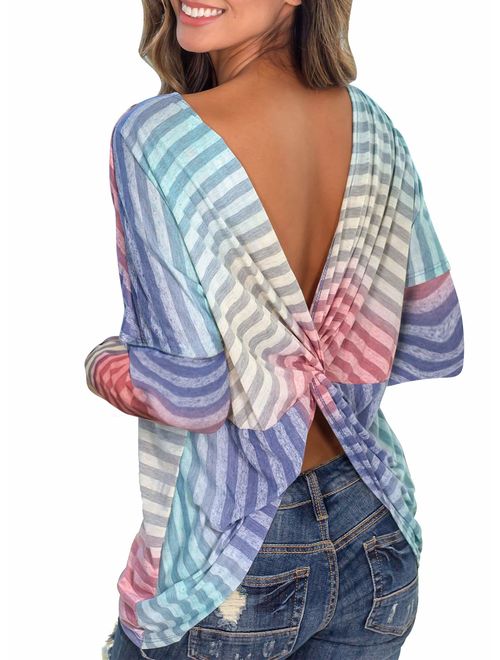 MIHOLL Women's Casual Striped Shirts Twist Knot Backless T-Shirt Tops