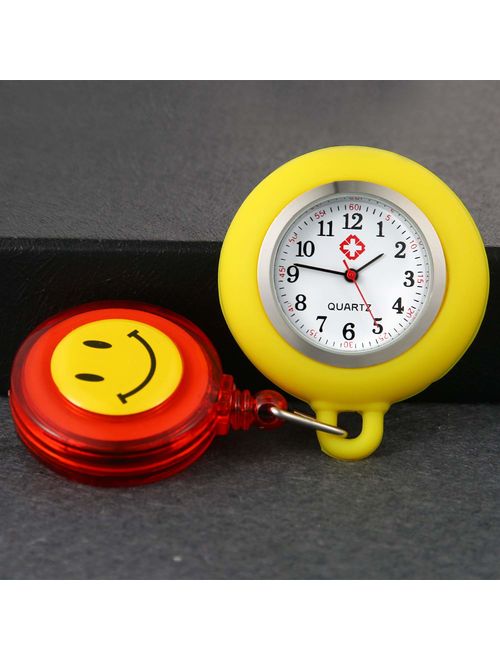 Women Retractable Nurse Watches Clip-on Hanging Lapel Silicone Jelly Fob Pocket Watch Cute Cartoon Smile Round Face Arabic Markers for Doctor Nurses