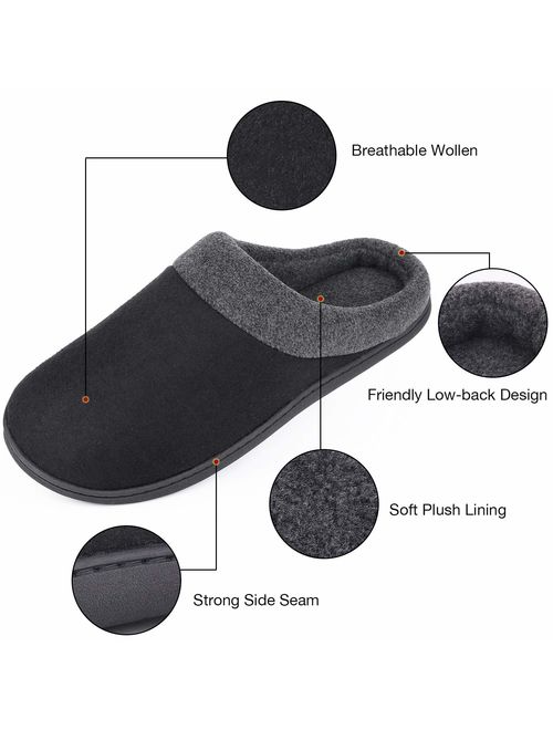 HomeIdeas Men's Woolen Fabric Memory Foam Anti-Slip House Slippers, Autumn Winter Breathable Indoor Shoes