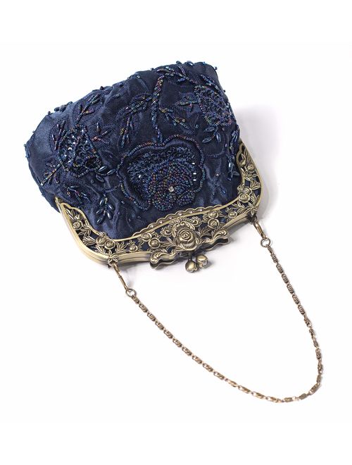 ILISHOP Women's Antique Beaded Party Clutch Vintage Rose Purse Evening Handbag