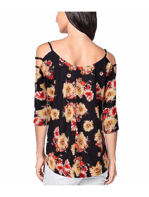 DREAGAL Women's Loose Hollowed Out Shoulder Floral Print Blouse Tops