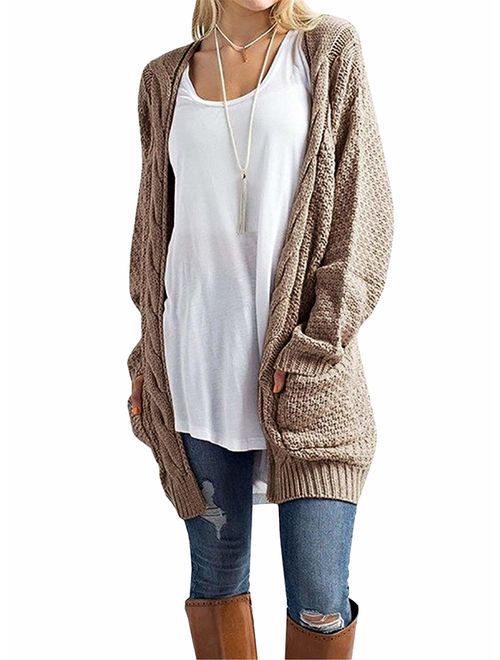 GRECERELLE Women's Loose Open Front Long Sleeve Solid Color Knit Cardigans Sweater Blouses with Packets