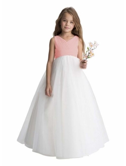Gdoker Tulle Flower Girl Dress, Chiffon Wedding Party Pageant Dresses for Girls, Long Junior Bridesmaid Dress A-Line