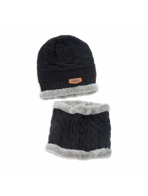 Kids Boys Girls Winter Warm Knit Beanie Hat Cap and Scarf Set with Fleece Lining