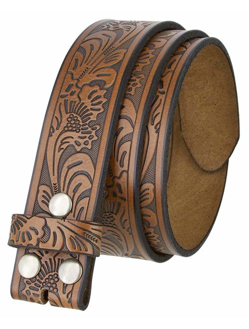 Western Tooled Leather Belt Strap w/Snaps for Interchangeable Buckles 1 1/2
