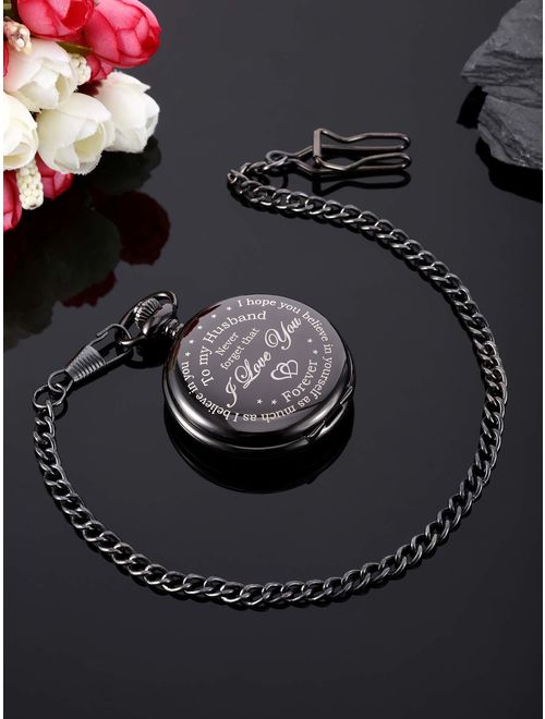Hicarer Pocket Watch Husband Gift, Anniversary Gift Birthday Gift Valentine's Day Gift from Wife, Engraved I Love You Pocket Watch
