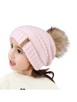 Kids Girls Boys Winter Knit Beanie Hats Faux Fur Pom Pom Hat Bobble Ski Cap Toddler Baby Hats 1-6 Years Old