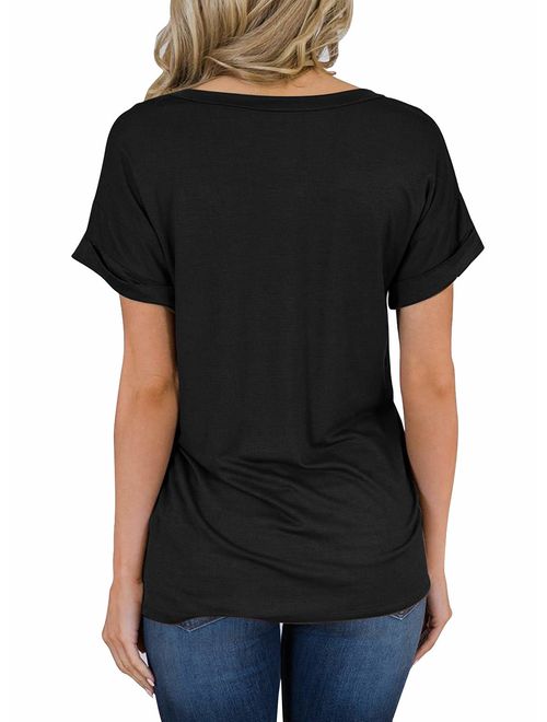 Yidarton Women's Short Sleeve T Shirts V Neck Tunic Tops Loose Tees Front Pockets