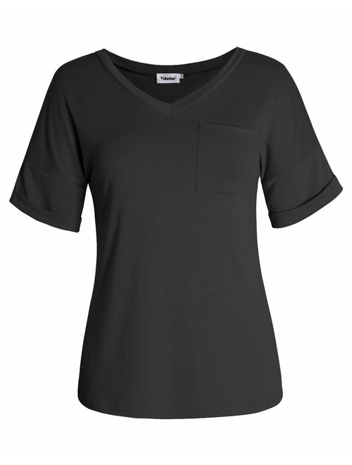 Yidarton Women's Short Sleeve T Shirts V Neck Tunic Tops Loose Tees Front Pockets