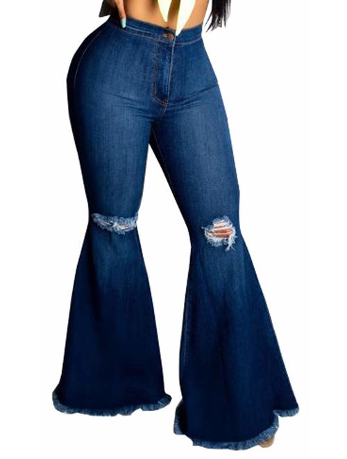 Women's Elastic Ripped Hole Classic Denim Bell Bottom Jeans