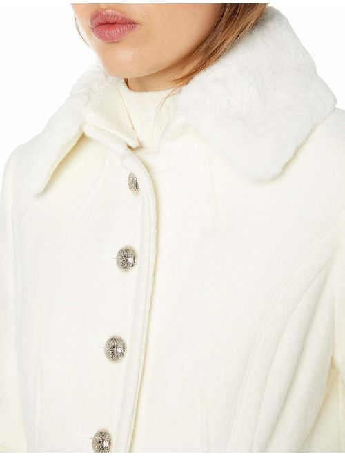 GUESS Women's Removable Faux Fur Collar Boiled Wool Coat