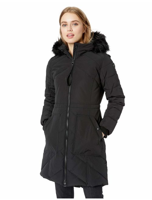 GUESS Women's Knee Length Heavy Puffer Coat with Faux Fur Trimmed Hood