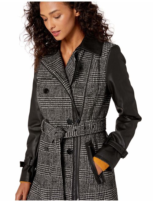 GUESS Women's Belted Plaid Wool and Faux Leather Coat