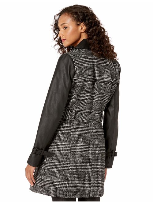 GUESS Women's Belted Plaid Wool and Faux Leather Coat