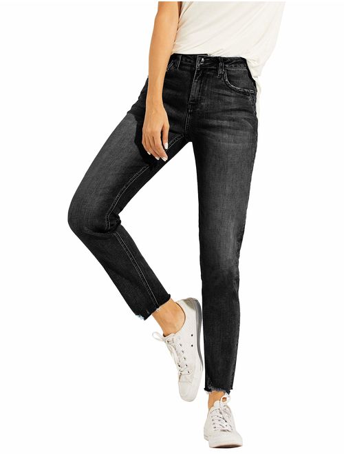 LOLO BLUES Women's High Waist Comfort Curvy Stretch Skinny Frayed Jeans Pants