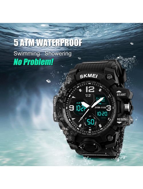 Men's Analog Sports Watch, LED Military Wrist Watch Large Dual Dial Digital Outdoor Watches Electronic Malfunction Two Timezone Back Light Water Resistant Calendar Day Da