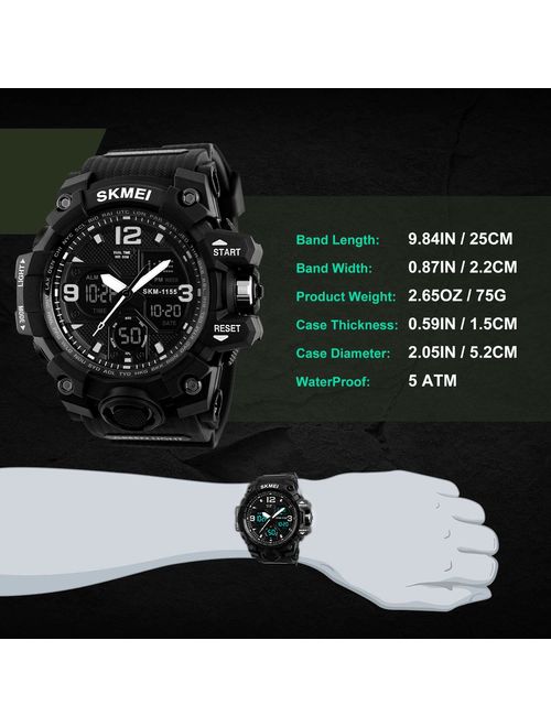 Men's Analog Sports Watch, LED Military Wrist Watch Large Dual Dial Digital Outdoor Watches Electronic Malfunction Two Timezone Back Light Water Resistant Calendar Day Da