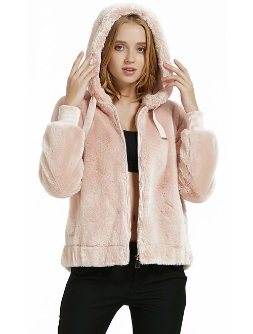 Bellivera Women's Faux Fur Coat with 2 Side-Seam Pockets, The Fuzzy Jacket with Hood, for Spring Fall and Winter