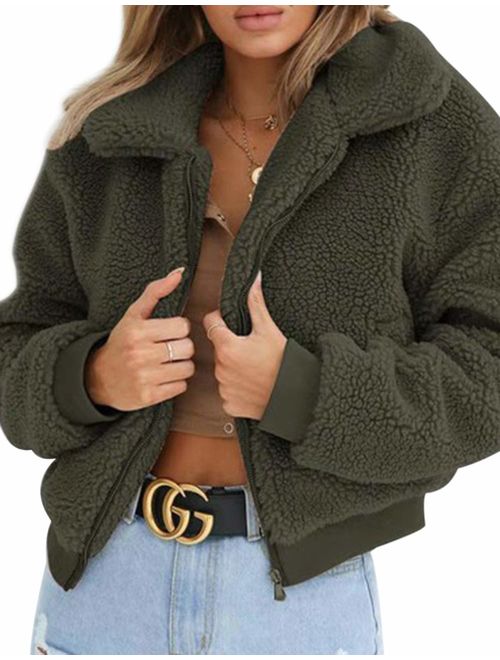 AKEWEI Women's Short Faux Fur Bomber Coat Teddy Bear Jacket with Pockets Shearling Coat for Women