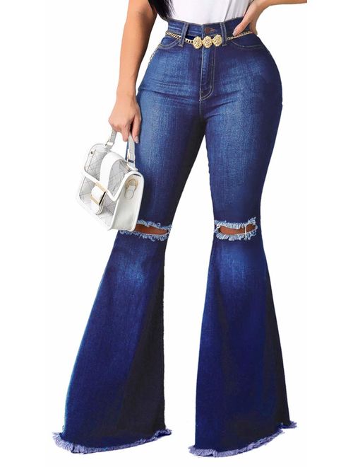 Skinny Ripped Bell Bottom Jeans for Women Classic High Waisted Flared Jean Pants