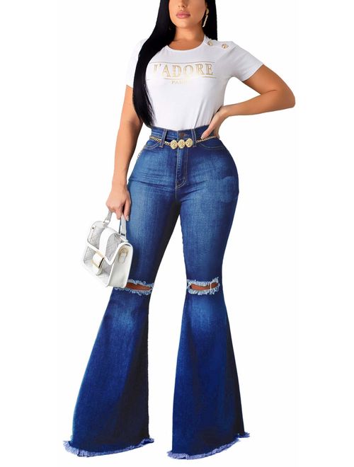 Skinny Ripped Bell Bottom Jeans for Women Classic High Waisted Flared Jean Pants