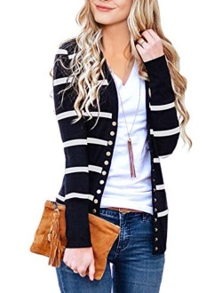 Women's Long Sleeve Snap Button Down Solid Color Knit Ribbed Neckline Cardigans
