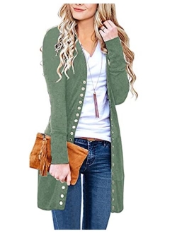 Women's Long Sleeve Snap Button Down Solid Color Knit Ribbed Neckline Cardigans