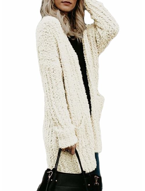 Sidefeel Women Open Front Popcon Fuzzy Knit Cardigan with Pockets