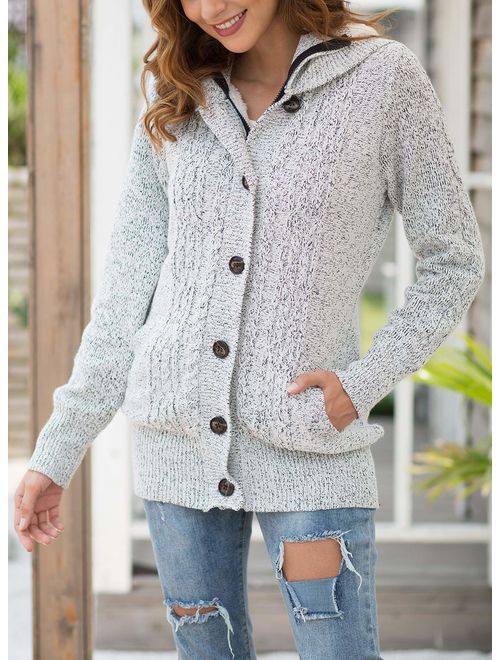 LIENRIDY Women's Sweater Cardigans Hooded Button Cable Thick Sweaters Coats with Pockets
