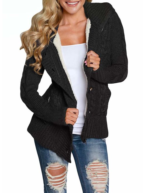 Buy Asvivid Womens Button Down Cable Knit Cardigans Fleece Hooded 