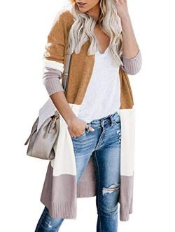 CARDYDONY Women's Long Cardigan Open Front Color Block Cardigan Knit Sweaters