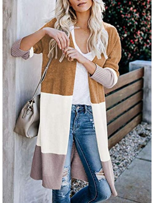 CARDYDONY Women's Long Cardigan Open Front Color Block Cardigan Knit Sweaters