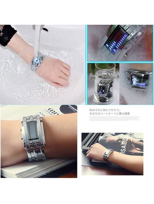 FANMIS Binary Matrix Blue LED Digital Watch Mens Classic Creative Fashion Black Plated Wrist Watches