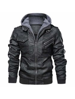 JYG Men's Faux Leather Motorcycle Removable Hood With Jacket