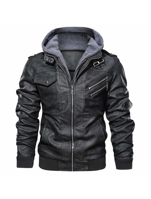 CARWORNIC Men's Faux Leather Jacket Casual Brown Motorcycle Jacket with Removable Hood