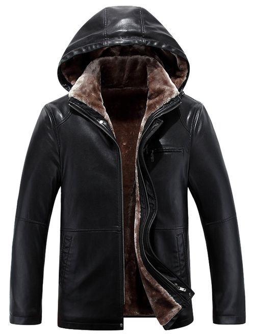 Tanming Men's Winter Warm PU Leather Coat Real Fur Hooded Faux Leather Jacket