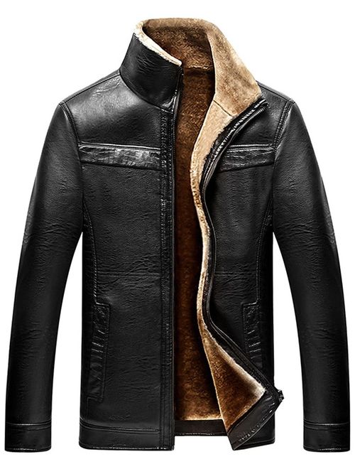 chouyatou Men's Winter Full Zipper Thick Sherpa Lined Faux Leather Jacket