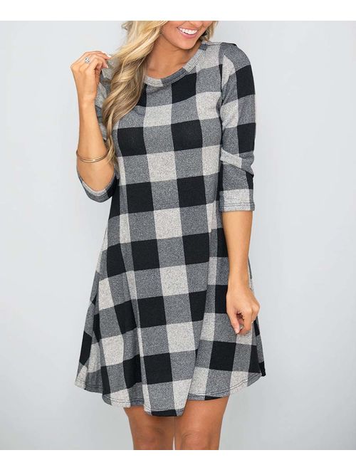 MIROL Women's Long Sleeve Plaid Color Block Casual Swing Loose Fit Tunic Dress with Pockets