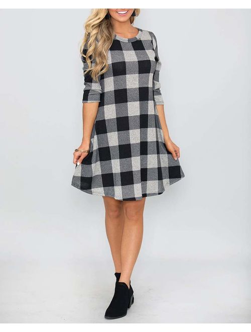 MIROL Women's Long Sleeve Plaid Color Block Casual Swing Loose Fit Tunic Dress with Pockets