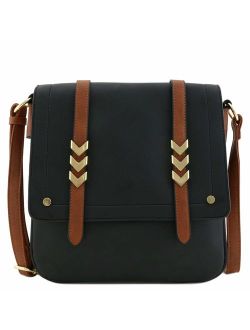 Double Compartment Large Flapover Crossbody Bag with Colorblock Straps