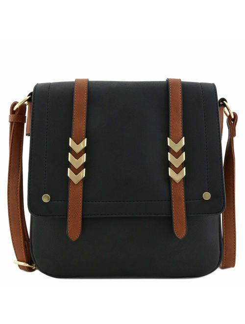 Double Compartment Large Flapover Crossbody Bag with Colorblock Straps