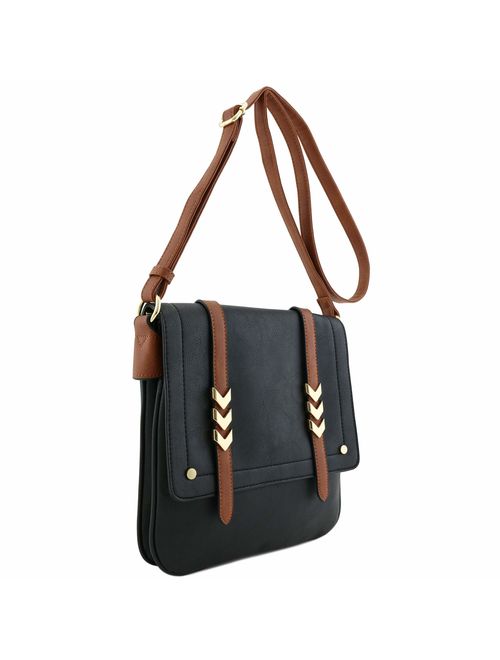 Double Compartment Large Flapover Crossbody Bag with Colorblock Straps