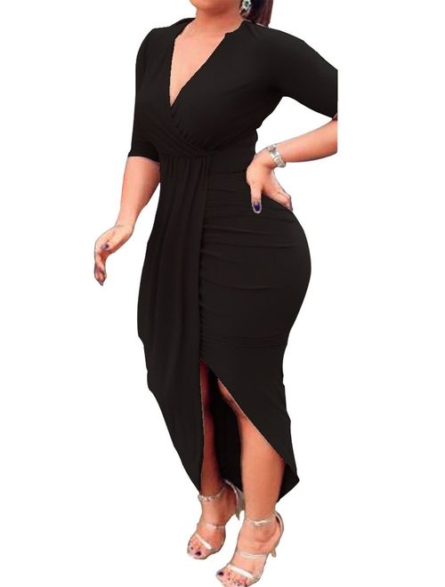 AM CLOTHES Sexy Ruched Bodycon Asymmetrical V Neck Front Slit Midi Club Dresses
