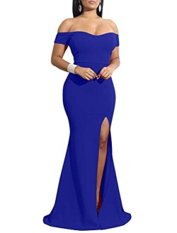 YMDUCH Off Shoulder Thigh High Slit Long Evening Party Bodycon Dress