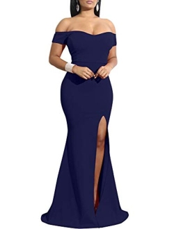 YMDUCH Off Shoulder Thigh High Slit Long Evening Party Bodycon Dress