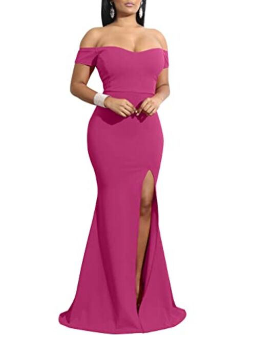 YMDUCH Off Shoulder Thigh High Slit Long Evening Party Bodycon Dress