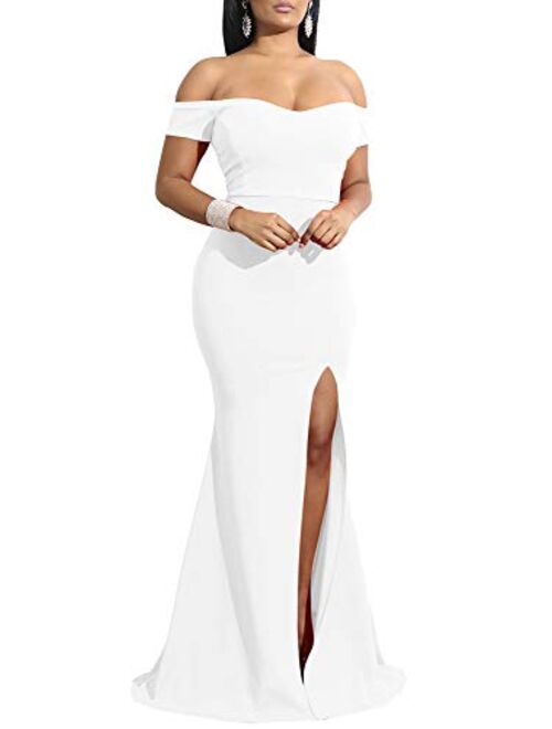 YMDUCH Off Shoulder Thigh High Slit Long Evening Party Bodycon Dress